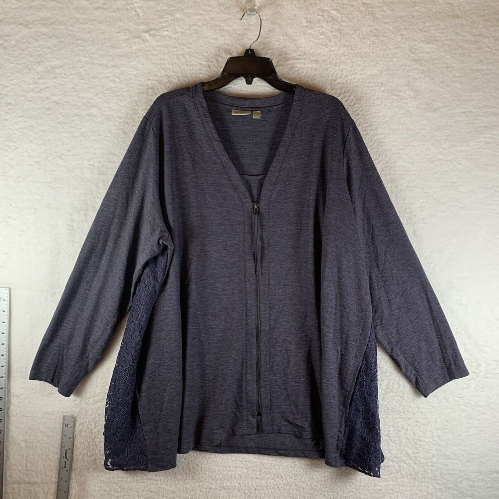Logo Lounge Lori Goldstein Zip Jacket 3X Gray Purple Lace Back Pockets Cozy Soft